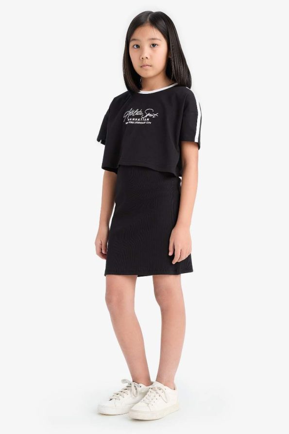Girls' Short Sleeve Ribbed Dress with Bicycle Neckline