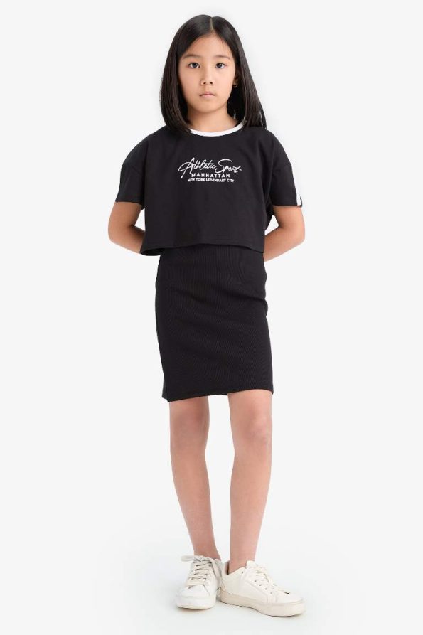 Girls' Short Sleeve Ribbed Dress with Bicycle Neckline