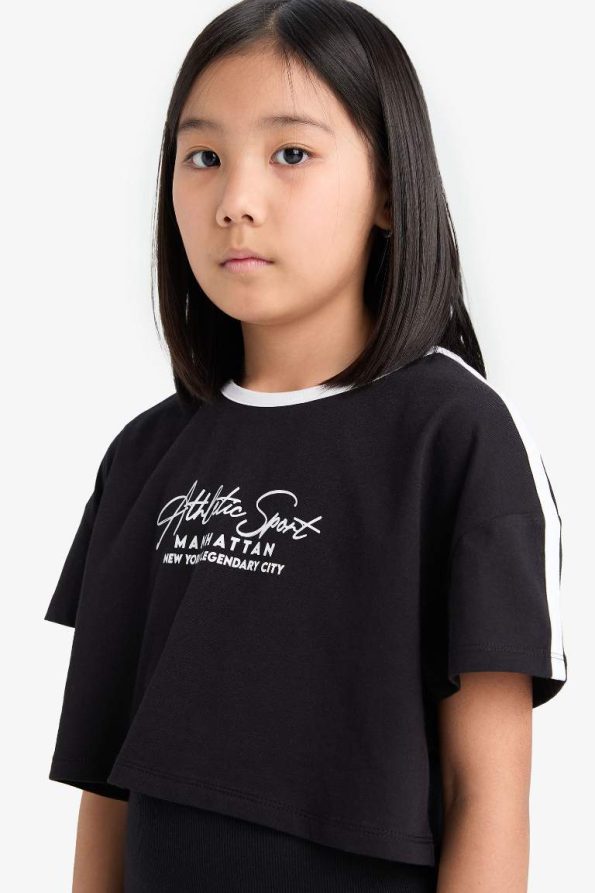 Girls' Short Sleeve Ribbed Dress with Bicycle Neckline