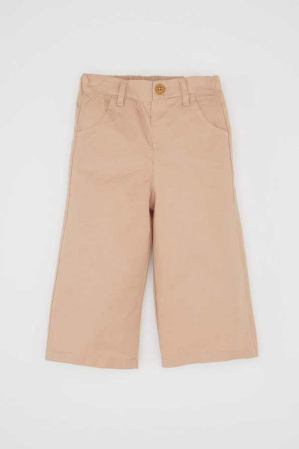 Girls' Stretch Waistband Pocket Beige Gabardine Trousers