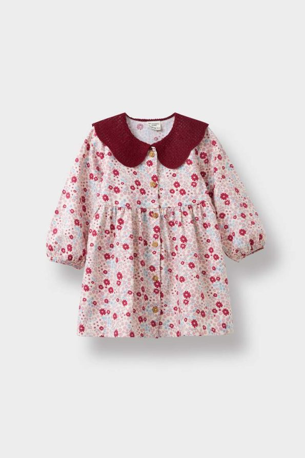 Girls' Floral Long Sleeve Twill Dress