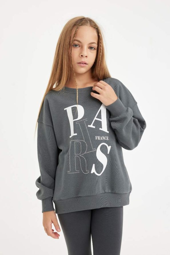 Girls' Anthracite Oversized Wide Fit Printed Sweatshirt