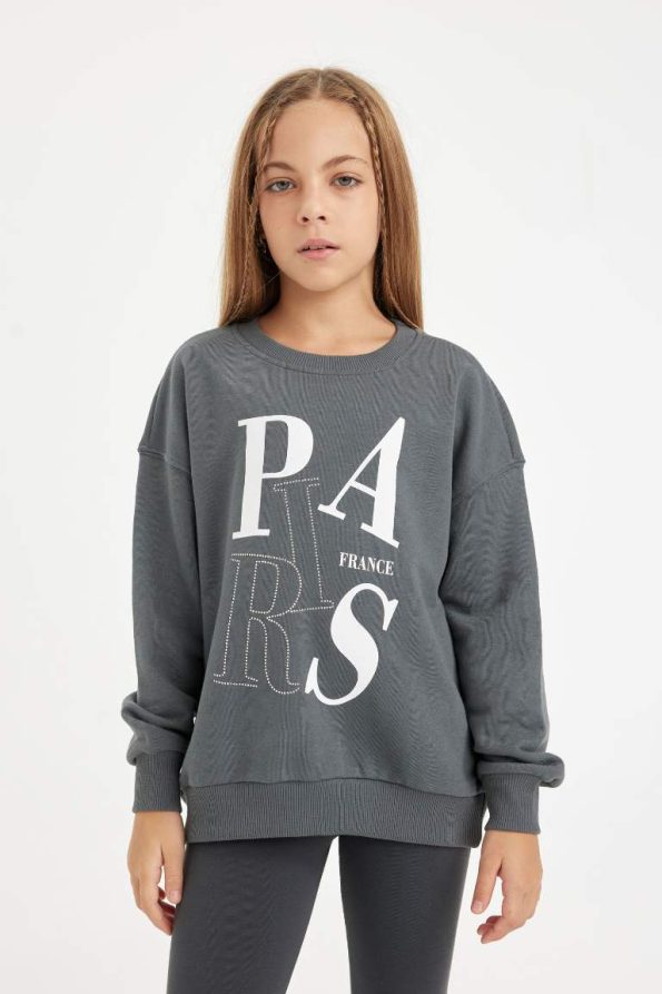 Girls' Anthracite Oversized Wide Fit Printed Sweatshirt