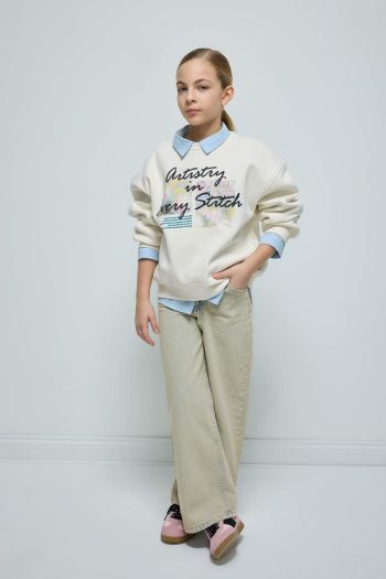 Girls' Oversized Wide Fit Printed Soft Fleece Sweatshirt