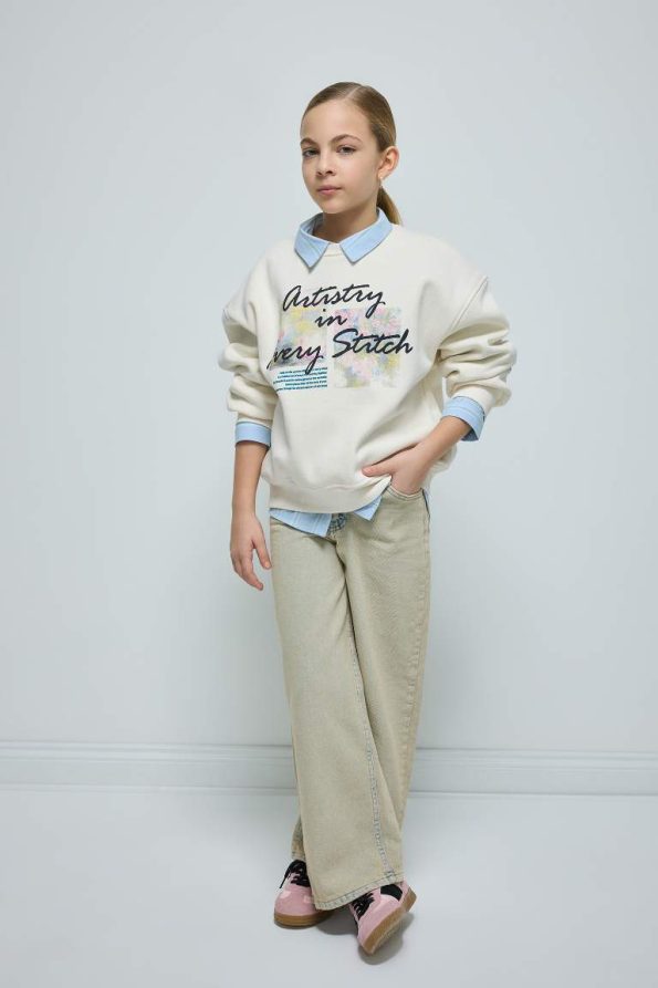 Girls' Oversized Wide Fit Printed Soft Fleece Sweatshirt