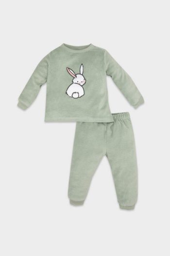 Girls' Baby Pajama Set with Rabbit Print Long Sleeve Top and Elastic Waist Long Pants