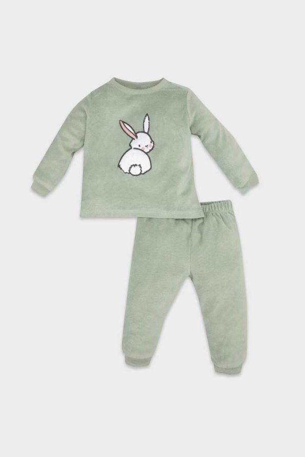 Girls' Baby Pajama Set with Rabbit Print Long Sleeve Top and Elastic Waist Long Pants