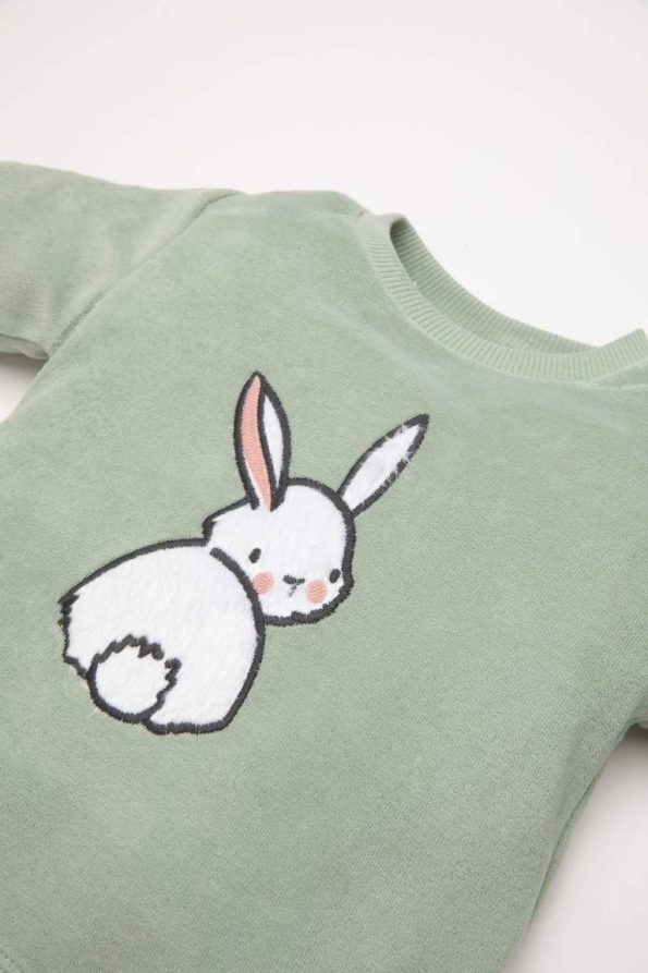 Girls' Baby Pajama Set with Rabbit Print Long Sleeve Top and Elastic Waist Long Pants