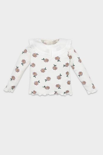 Girls' Floral Ribbed Long Sleeve T-Shirt with Large Collar