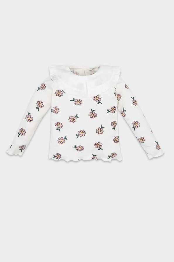 Girls' Floral Ribbed Long Sleeve T-Shirt with Large Collar