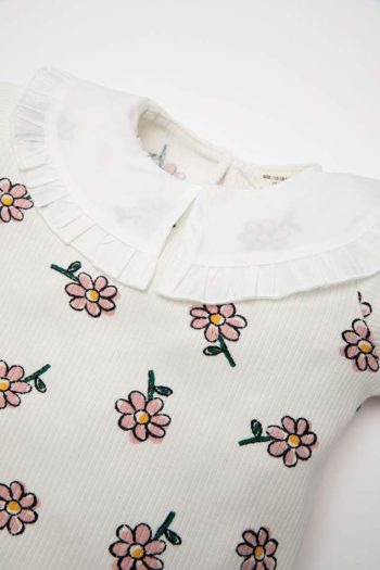 Girls' Floral Ribbed Long Sleeve T-Shirt with Large Collar