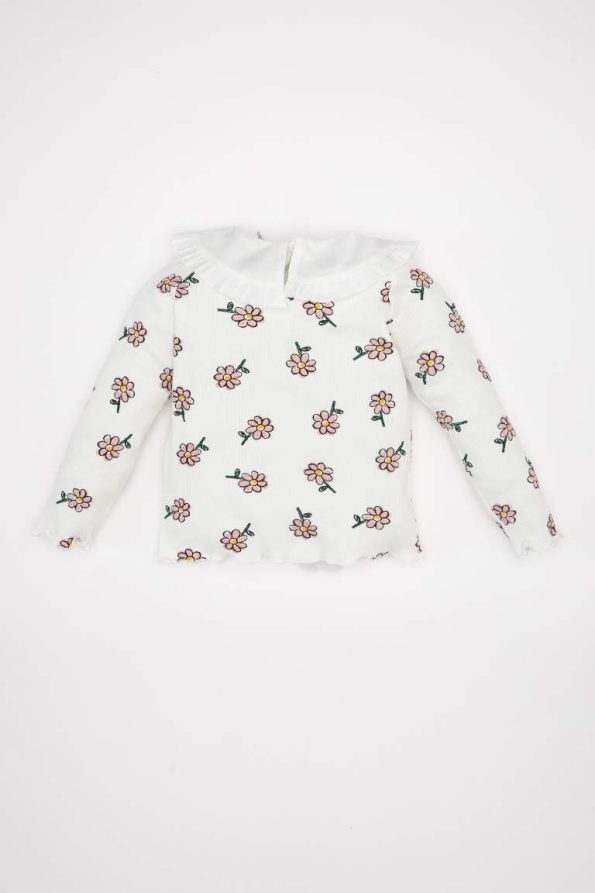 Girls' Floral Ribbed Long Sleeve T-Shirt with Large Collar