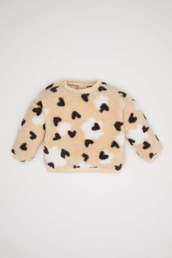 Girls' Heart Patterned Soft Welsoft Plush Sweatshirt