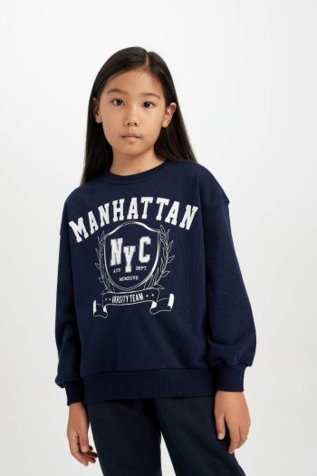 Girls' Relaxed Fit Crew Neck Printed Sweatshirt