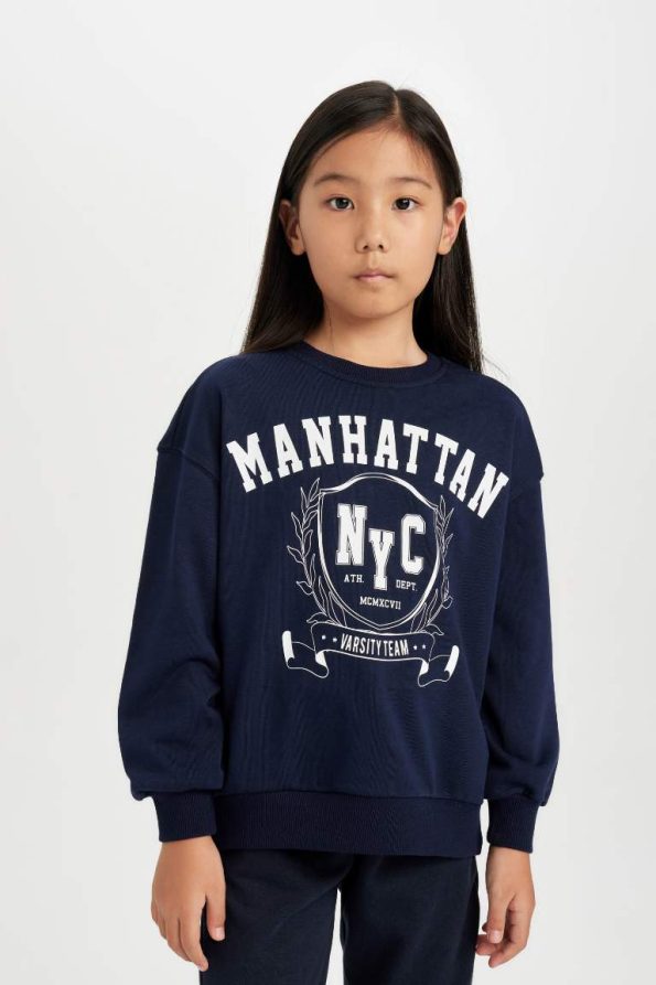 Girls' Relaxed Fit Crew Neck Printed Sweatshirt