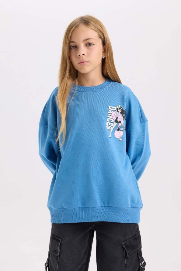 Girls' Relax Fit Crew Neck Printed Sweatshirt