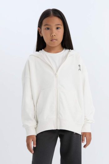 Girls' Oversized Hooded Printed Zip Sweatshirt