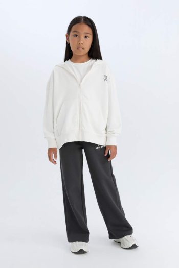 Girls' Oversized Hooded Printed Zip Sweatshirt