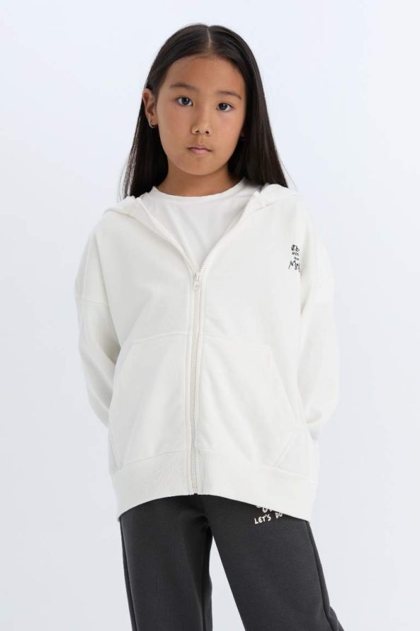 Girls' Oversized Hooded Printed Zip Sweatshirt