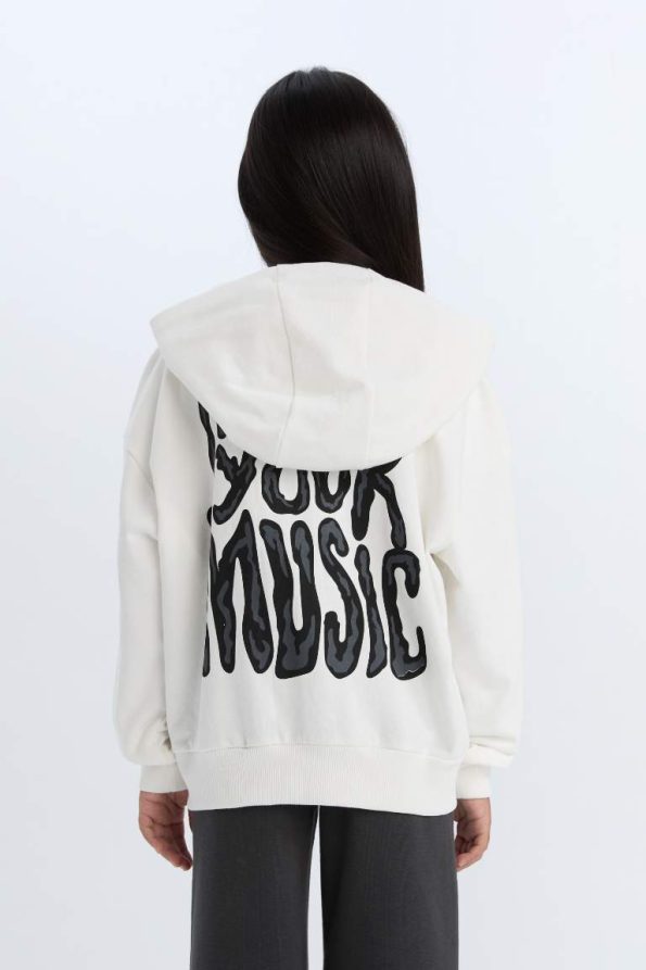 Girls' Oversized Hooded Printed Zip Sweatshirt