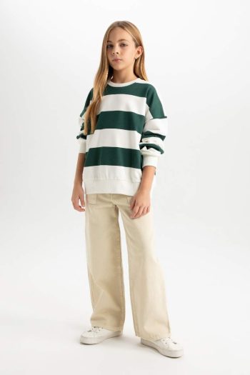 Girls' Relaxed Fit Striped Crew Neck Sweatshirt