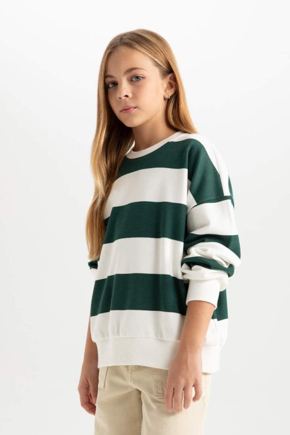 Girls' Relaxed Fit Striped Crew Neck Sweatshirt