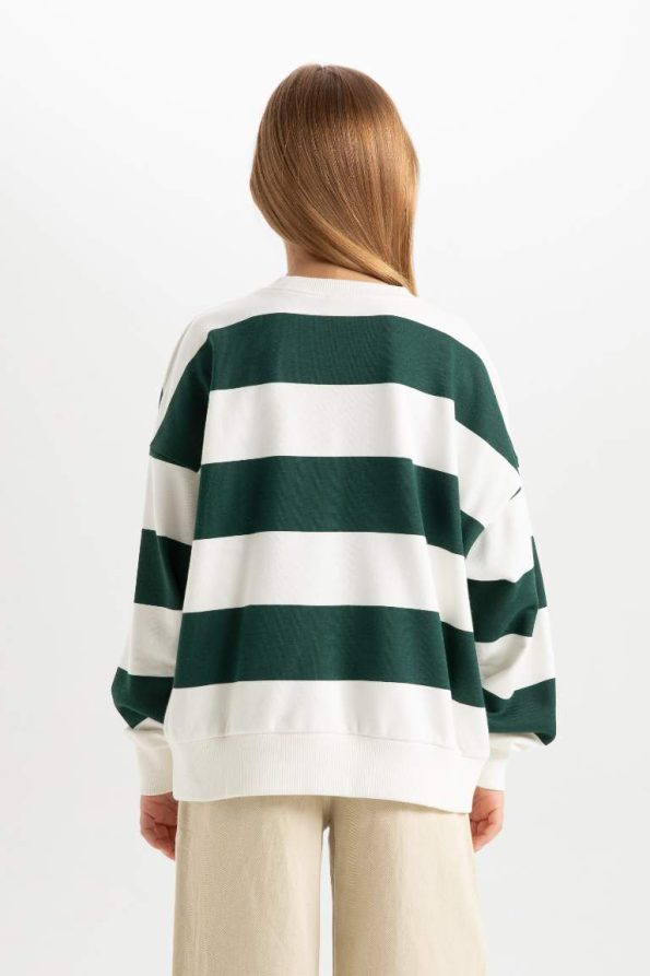 Girls' Relaxed Fit Striped Crew Neck Sweatshirt