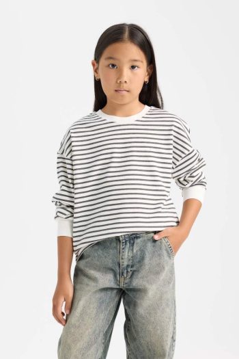 Girls' Relaxed Fit Striped Crew Neck Sweatshirt