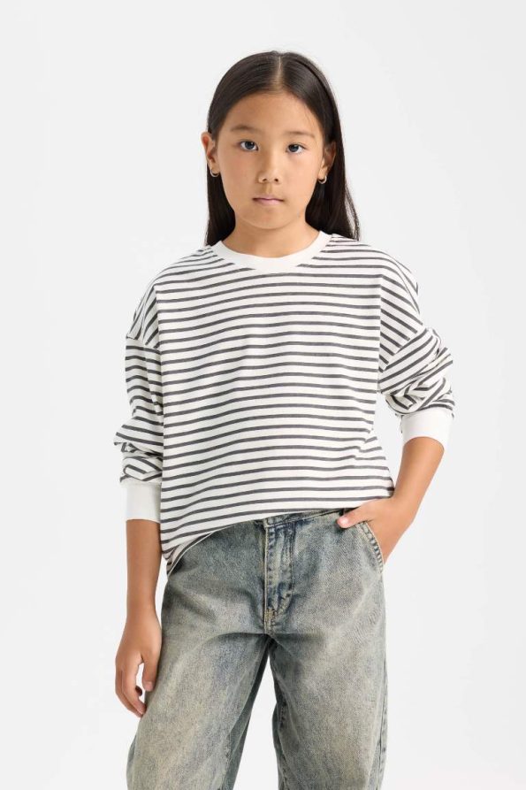 Girls' Relaxed Fit Striped Crew Neck Sweatshirt
