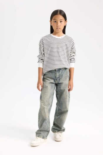 Girls' Relaxed Fit Striped Crew Neck Sweatshirt