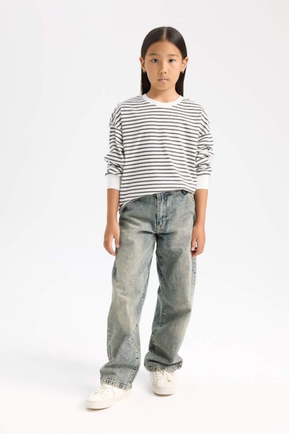 Girls' Relaxed Fit Striped Crew Neck Sweatshirt