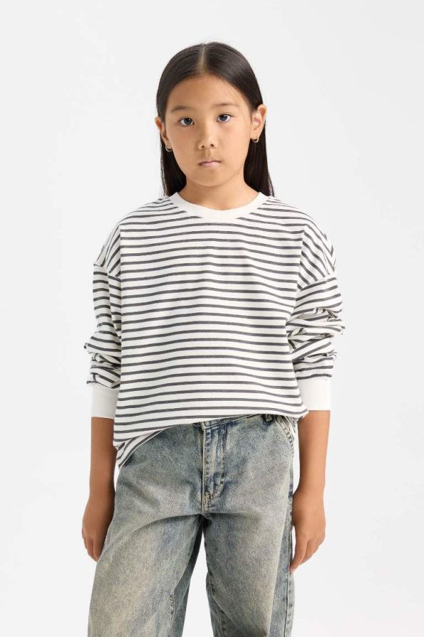 Girls' Relaxed Fit Striped Crew Neck Sweatshirt