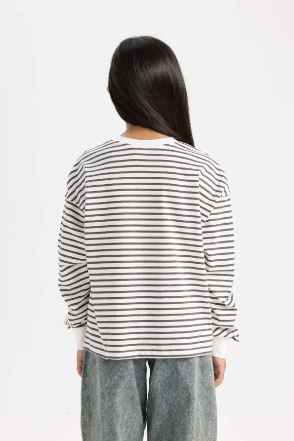 Girls' Relaxed Fit Striped Crew Neck Sweatshirt