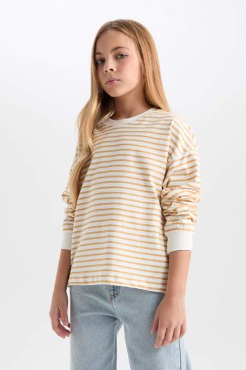 Girls' Relax Fit Striped Crew Neck Sweatshirt