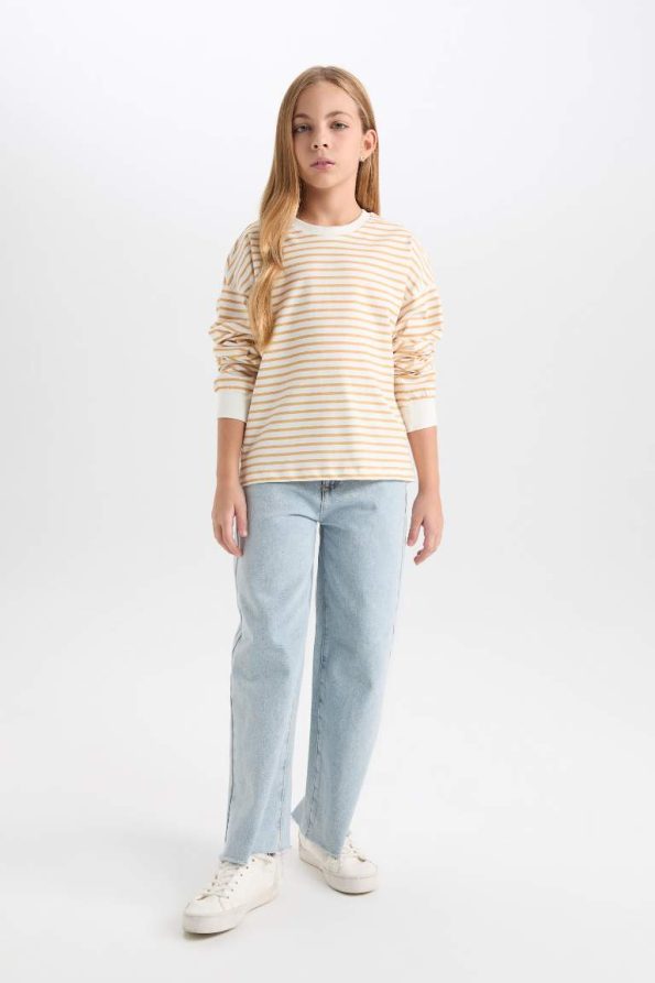 Girls' Relax Fit Striped Crew Neck Sweatshirt