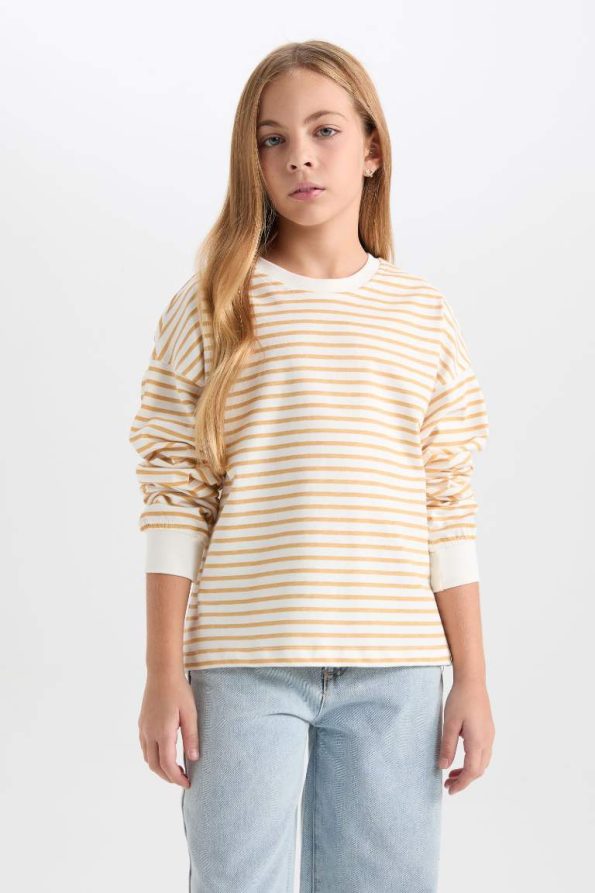 Girls' Relax Fit Striped Crew Neck Sweatshirt