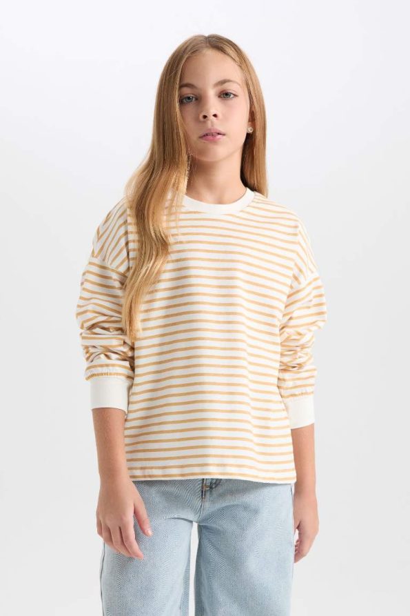Girls' Relax Fit Striped Crew Neck Sweatshirt