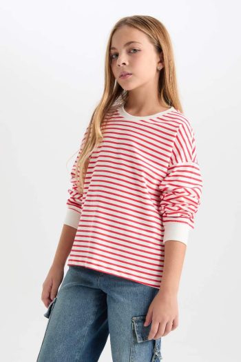 Girls' Relaxed Fit Striped Crew Neck Sweatshirt