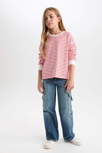 Girls' Relaxed Fit Striped Crew Neck Sweatshirt