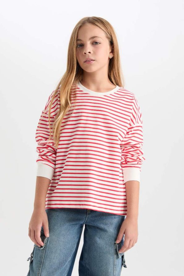 Girls' Relaxed Fit Striped Crew Neck Sweatshirt