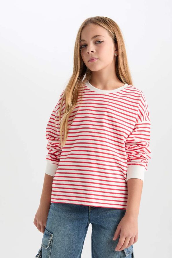 Girls' Relaxed Fit Striped Crew Neck Sweatshirt