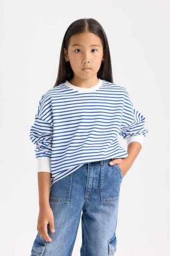 Girls' Relaxed Fit Striped Crew Neck Sweatshirt