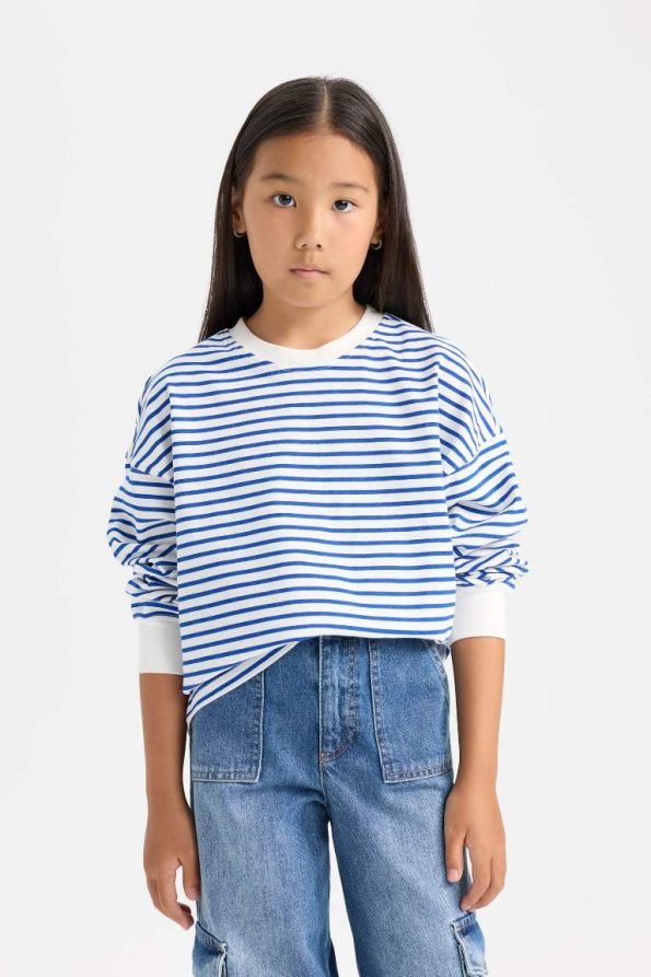 Girls' Relaxed Fit Striped Crew Neck Sweatshirt