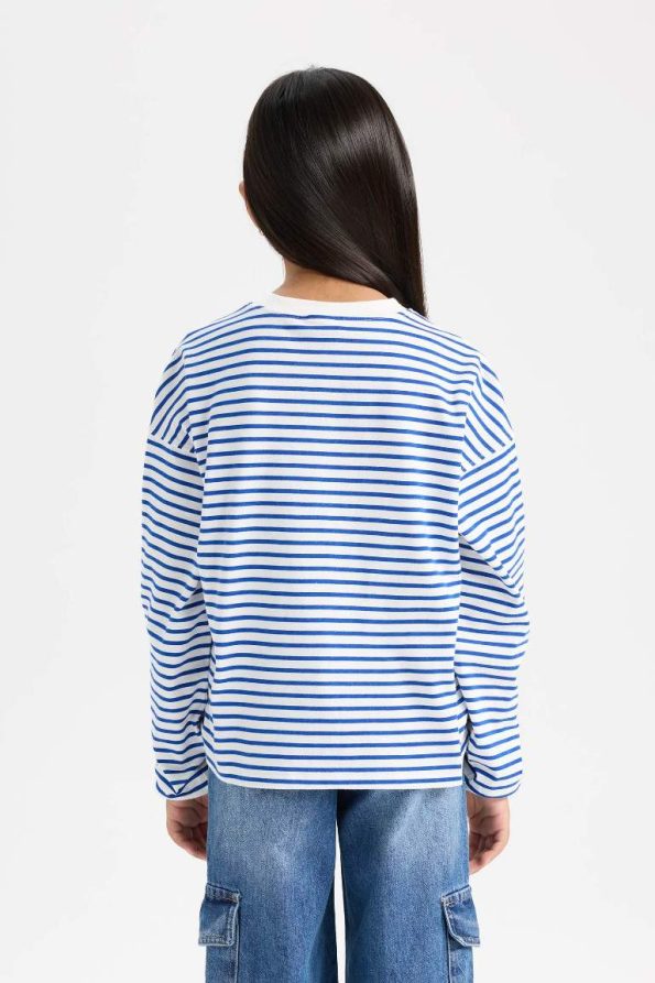 Girls' Relaxed Fit Striped Crew Neck Sweatshirt