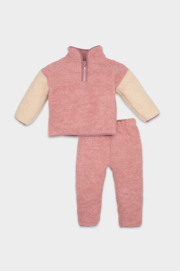 Girls' Baby 2-Piece Set Plush Zip-Up High Neck Sweatshirt with Elastic Waist Bottom