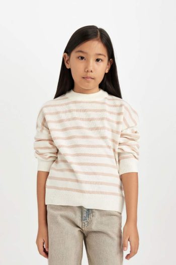 Girls' Striped Crew Neck Knit Sweater