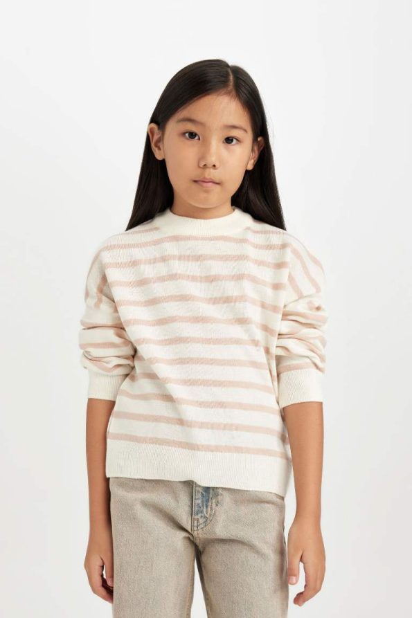 Girls' Striped Crew Neck Knit Sweater