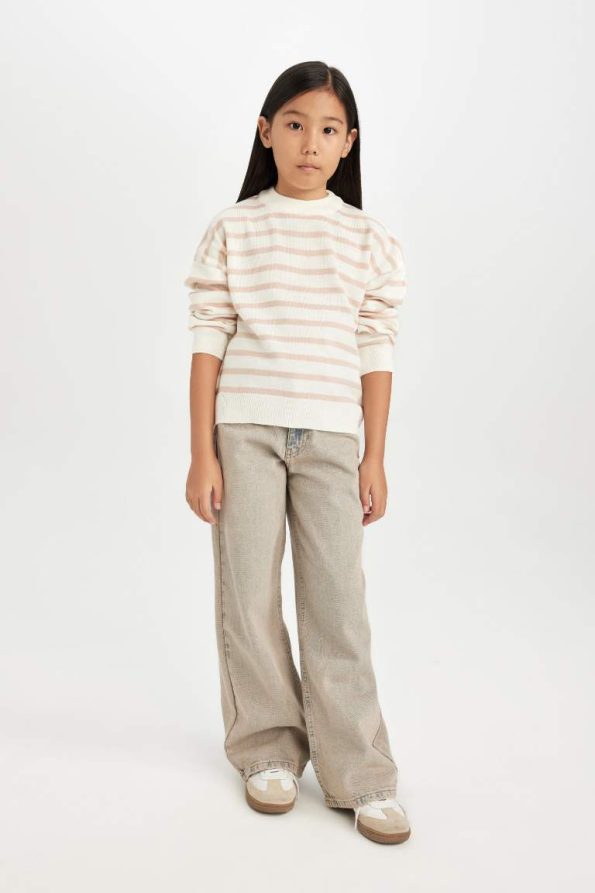 Girls' Striped Crew Neck Knit Sweater