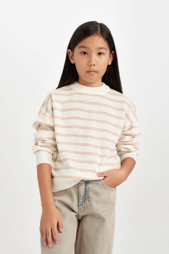 Girls' Striped Crew Neck Knit Sweater