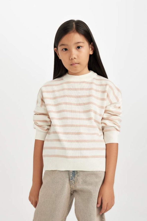 Girls' Striped Crew Neck Knit Sweater